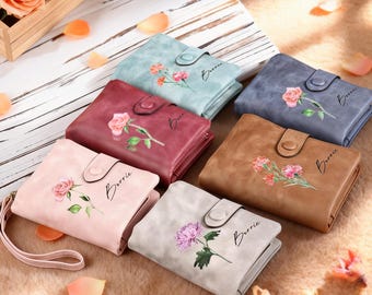 Portafoglio in pelle da donna personalizzato, 1 fiore di nascita e 1 nome, portafoglio fatto a mano, regalo per la festa della mamma.