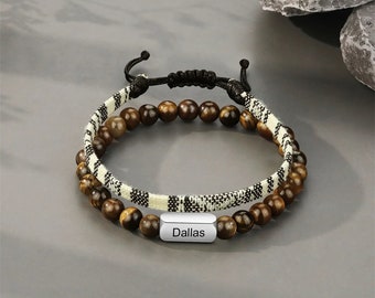 Personalized Tiger's Eye Bracelet Set for Men Women - Custom Engraved Name & Date Bead Bracelet - Unique Anniversary Gift