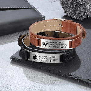 Custom Adjustable Medical Alert ID Bracelet for Men - Engraved Leather & Steel - Emergency Contact SOS Medic image 5