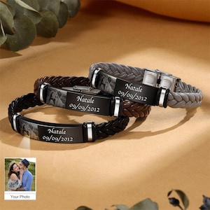 Gepersonaliseerde foto herenarmband, gegraveerde naam en foto armband, leren herenarmband, cadeau voor vader, cadeaus voor vriend, cadeaus voor echtgenoot