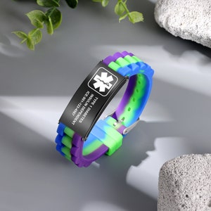 Pulsera de alerta médica ajustable personalizada, pulsera médica SOS de contacto de emergencia con identificación y nombres, banda médica para hombres, mujeres y adultos
