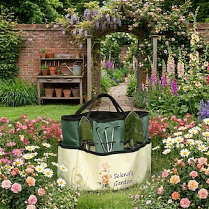 May include: A green and cream-colored garden tote bag with gardening tools. The bag has a black handle and the words "Selena's Garden" printed on the front. The bag is surrounded by flowers and greenery.