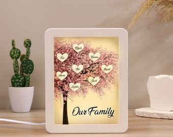 Custom Sakura Tree LED Light Shadow Box,Family Tree Frame with Names Night Light,Home Decor Gift for Mum,Mothers Day Gift