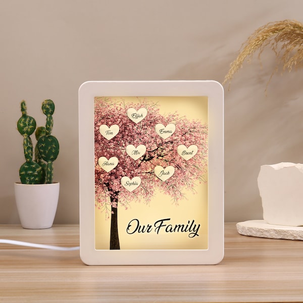 Custom Sakura Tree LED Light Shadow Box,Family Tree Frame with Names Night Light,Home Decor Gift for Mum,Mothers Day Gift