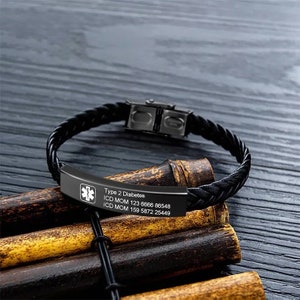 Bracelet d'alerte médicale personnalisé - Bracelet en cuir PU pour homme - Bracelet d'alerte médicale d'urgence personnalisé
