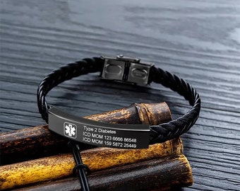 Personalized Alert ID Bracelet - Medical Alert PU Leather Bracelet for Men - Customized Emergency Medical Alert Bracelet