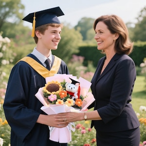 May include: A young person in a blue graduation gown and cap receives a bouquet of flowers from a woman in a black suit. The bouquet includes a crocheted sunflower and a small teddy bear wearing a graduation cap.