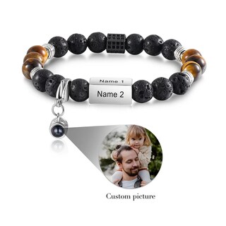 Braccialetto Personalizzato Con Foto A Proiezione - Pietra Vulcanica E Corda In Cera, Regalo Per Coppie