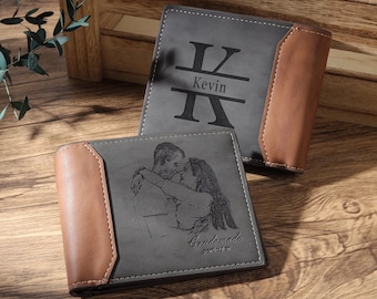 Carteira de couro com foto personalizada para homens, os melhores presentes para pais, carteira com foto e nome inicial, presente de aniversário e dia dos pais