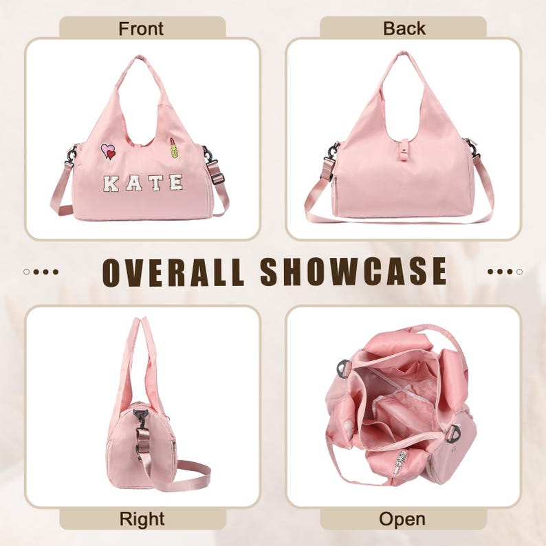 May include: A pink tote bag with a shoulder strap, displayed from various perspectives. The front of the bag features the name "KATE" in white letters, plus heart and lipstick graphics. The bag has several compartments.