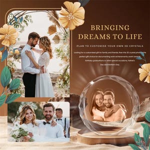 May include: A 3D crystal photo with a couple inside. The crystal is clear and has a diamond-like shape. The couple is smiling and holding each other. The text "Quick & Hagan" is printed on the bottom of the crystal.
