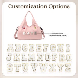 May include: Pink tote bag with the name "KATE" and customisation options. The bag has a shoulder strap and decorative patches. Below are white and gold glitter letters of the alphabet for custom names. The text "Customisation Options" is at the top.