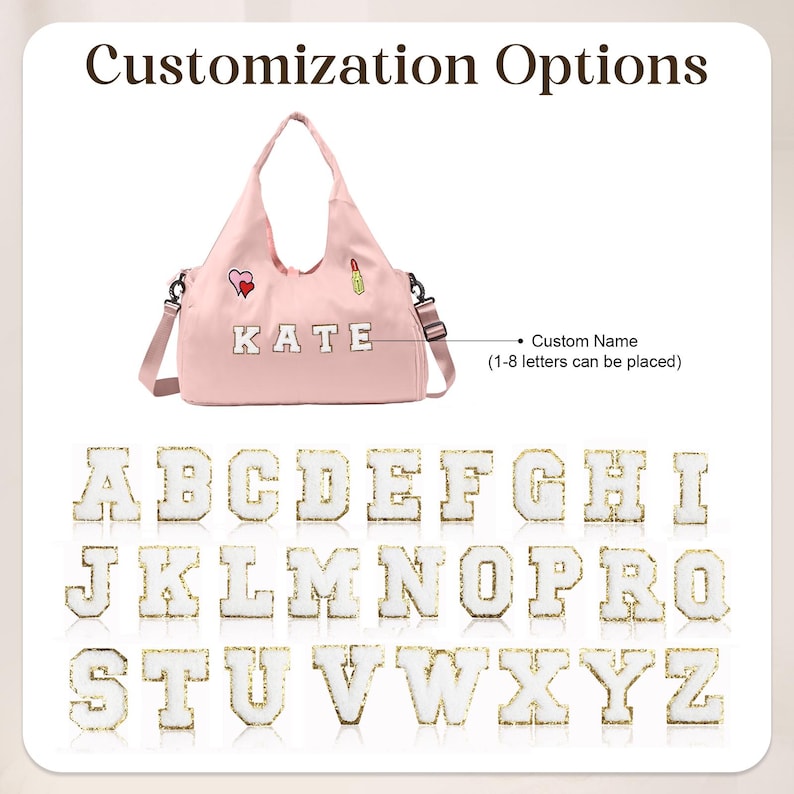 May include: Pink tote bag with the name "KATE" and customisation options. The bag has a shoulder strap and decorative patches. Below are white and gold glitter letters of the alphabet for custom names. The text "Customisation Options" is at the top.