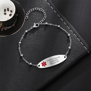 Pulsera de identificación médica personalizada para mujer, joyería médica de acero, identificación de emergencia grabada, regalo para pacientes, pulsera para concienciar sobre la diabetes.