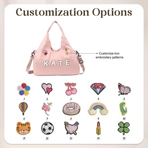 May include: A pink tote bag with the name "KATE" embroidered on it, and various patches. Patches include a heart, a lipstick, a butterfly, a rainbow, and a soccer ball. The image is labelled "Customisation Options".