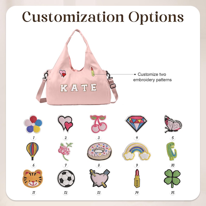 May include: A pink tote bag with the name "KATE" embroidered on it, and various patches. Patches include a heart, a lipstick, a butterfly, a rainbow, and a soccer ball. The image is labelled "Customisation Options".