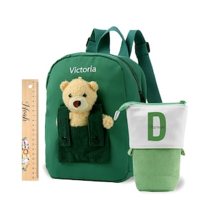 Sac d'école personnalisé ours vert pour enfants, nom brodé, sac à dos noir, coffret cadeau règle, cartable de voyage pour enfants
