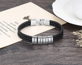 Personalisiertes Herren-Lederarmband für Papa – Perlenarmband mit drei Schichten – Namensarmband – Familienname-Armband – Vatertagsgeschenk
