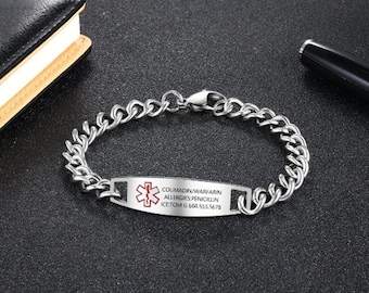 Personalised Medical Alert Bracelet Women Men Stainless Steel Chain Bracelet Waterproof Emergency ID Bracelet