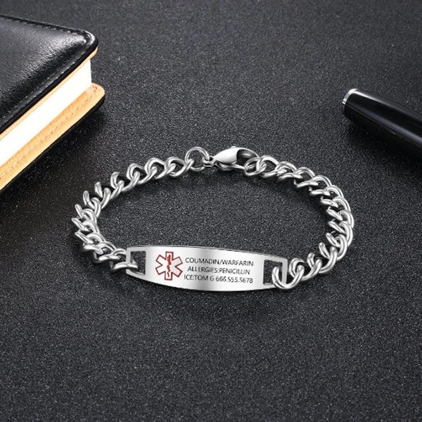 Personalised Medical Alert Bracelet Women Men Stainless Steel Chain Bracelet Waterproof Emergency ID Bracelet