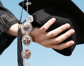 Personalized Tassel Memorial Charm,Custom 1-3 Photos Charm with Angel Wings,Graduation Cap Photo Charm,Hanging Ornament,Gift for Graduates