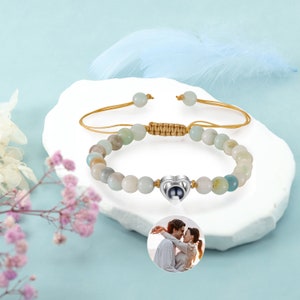 Personalized Photo Projection Bracelet Customized Photo Beaded Bracelet Heart Crystal Adjustable Bracelet Gifts for Mom,for Grandma