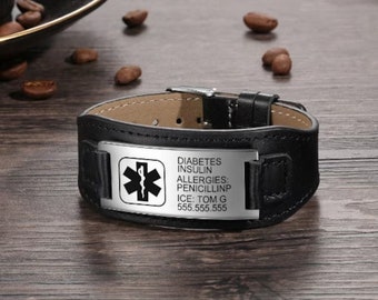 Anpassat graverat medicinskt varningsarmband för män - Personligt PU-läderarmband med nöd-ID - Present till pappa - Diabetesarmband