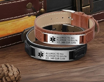 Pulsera de alerta médica ajustable y personalizada para hombre - Cuero y acero grabados - Contacto de emergencia SOS Medic