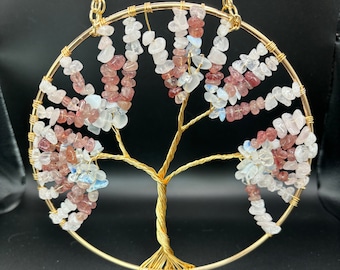 Pink and white 8" tree of life sun catcher with silver ring and wire