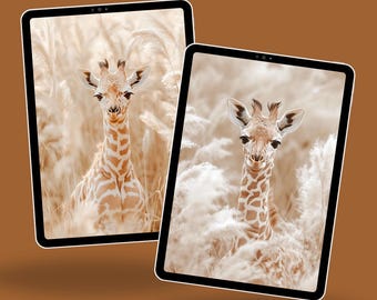 May include: Two digital tablets displaying images of a baby giraffe in tall, beige grass. The giraffe has a long neck with brown spots and is looking directly at the viewer. The background is a soft, blurred beige.