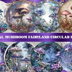 Könnte beinhalten: Eine Sammlung kreisförmiger Designs mit Aquarellillustrationen von Pilzen in einer magischen Feenland-Umgebung. Die Designs zeigen verschiedene Pilzarten mit leuchtenden Farben und floralen Akzenten, mit dem Text "MAGICAL MUSHROOM FAIRYLAND CIRCULAR DESIGNS".