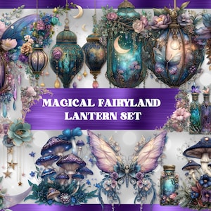 Magisk Lyktor Clipart Set – 75 Eteriska PNG-designer | Glödande Lyktor, Månskära, Svampar, Feflaskor och Överlägg