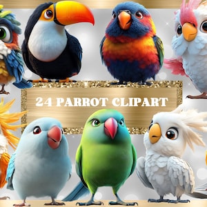 36 Cute Parrot Clipart PNG | Tropical Bird Digital Download | Colorful Jungle Animal Art for Stickers, Kids Crafts, Sublimation