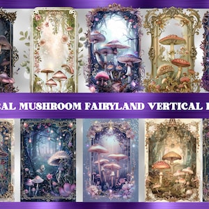 May include: A set of vertical labels with fantastical mushroom illustrations set in a fairy-tale forest. The labels display diverse mushroom designs with vivid colours and intricate details, framed by decorative borders. Text reads: MAGICAL MUSHROOM FAIRYLAND VERTICAL LABELS.