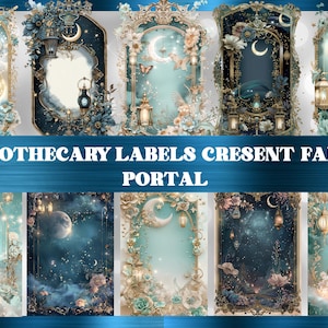 Op de afbeelding: Een verzameling digitale apothekerslabels met een feeënthema. Elk label heeft een halve maan, bloemen, lantaarns en sierlijke frames in tinten blauw, goud en crème. De tekst luidt "APOTHECARY LABELS CRESENT FAIRY PORTAL."