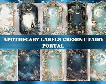 May include: A collection of digital apothecary labels with a fairy theme. Each label features a crescent moon, flowers, lanterns, and ornate frames in shades of blue, gold, and cream. Text reads "APOTHECARY LABELS CRESENT FAIRY PORTAL."