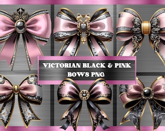 Victorian Black & Pink Bows Clipart | Dark Feminine Gothic Bow PNGs for Scrapbooking, Invitations and Branding
