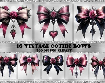Coquette gothique noeuds Clipart – 16 fichiers PNG sombres vintage pour sublimation, autocollants, invitations, création DIY