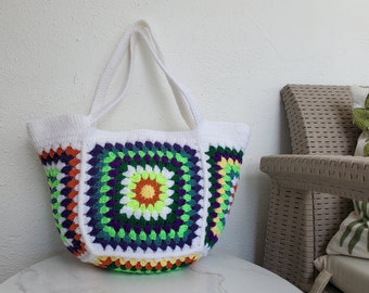 Crochet Market Bag, Colorful Crochet Bag, Retro Handbag, Granny Tote Bag, Large Vintage Style Pouch Bag, Cute Gift for Her