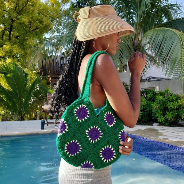 Tote bag häkeln, sac carré Grand-mère au crochet, sacmarcé, sac piscine & plage