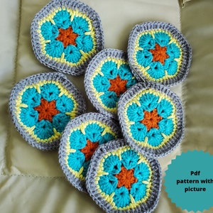 Crochet hexagon pattern , crochet african flower , easy to learn image 1