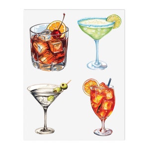 Confezione da 4 fogli di adesivi per cocktail classici - Vinile per Kindle, laptop, bottiglia d'acqua - Old Fashioned. Margarita, Dirty Martini, Aperol Spritz