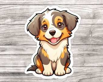 Cute Australian Shepherd Puppy Cartoon Sticker -  Compact Vinyl for Laptop, Kindle, Hydroflask - Perfect for Pet Lovers, Dog Enthusiasts