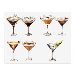 7 Stickers Exclusive Martini Cocktail Vinyl Sticker Sheet - Espresso & Dirty Martini Designs, Water-Resistant, Indoor/Outdoor, 6x4, 11x5