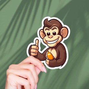 Singe avec banane autocollant vinyle autocollant pour ordinateur portable - autocollants singe autocollants animaux enfants cadeau arts et artisanat passionné de jungle