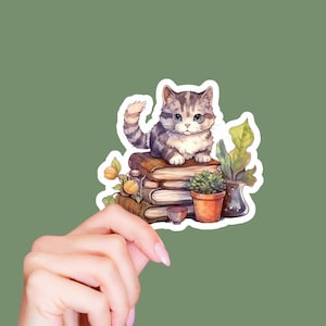 Cat with Books Watercolor Sticker Vinyl Decal for Laptop Sticker Kindle Stickers Hydroflask Plant Sticker Cute Reading Stickers for Cat Mom