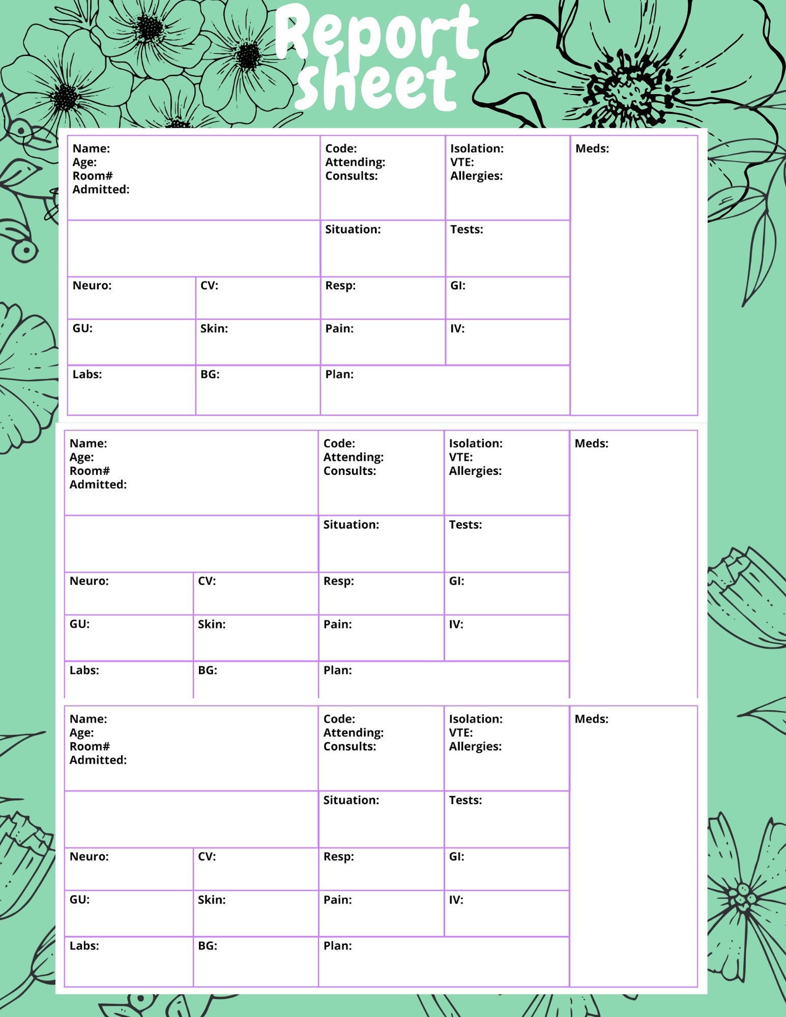 Nursing Printable Report Sheet Etsy
