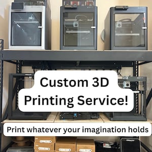 May include: A display of 3D printers on shelves, with the text "Custom 3D Printing Service!" and "Print whatever your imagination holds." The printers are various sizes and colors, with clear viewing windows. Boxes and other supplies are visible.
