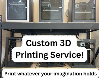 May include: A display of 3D printers on shelves, with the text "Custom 3D Printing Service!" and "Print whatever your imagination holds." The printers are various sizes and colors, with clear viewing windows. Boxes and other supplies are visible.
