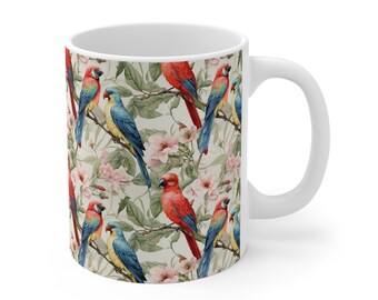 Decorated tea mug (11oz 15oz 20oz) with motif of birds and flowers perfect gift for bird lover artistic mug